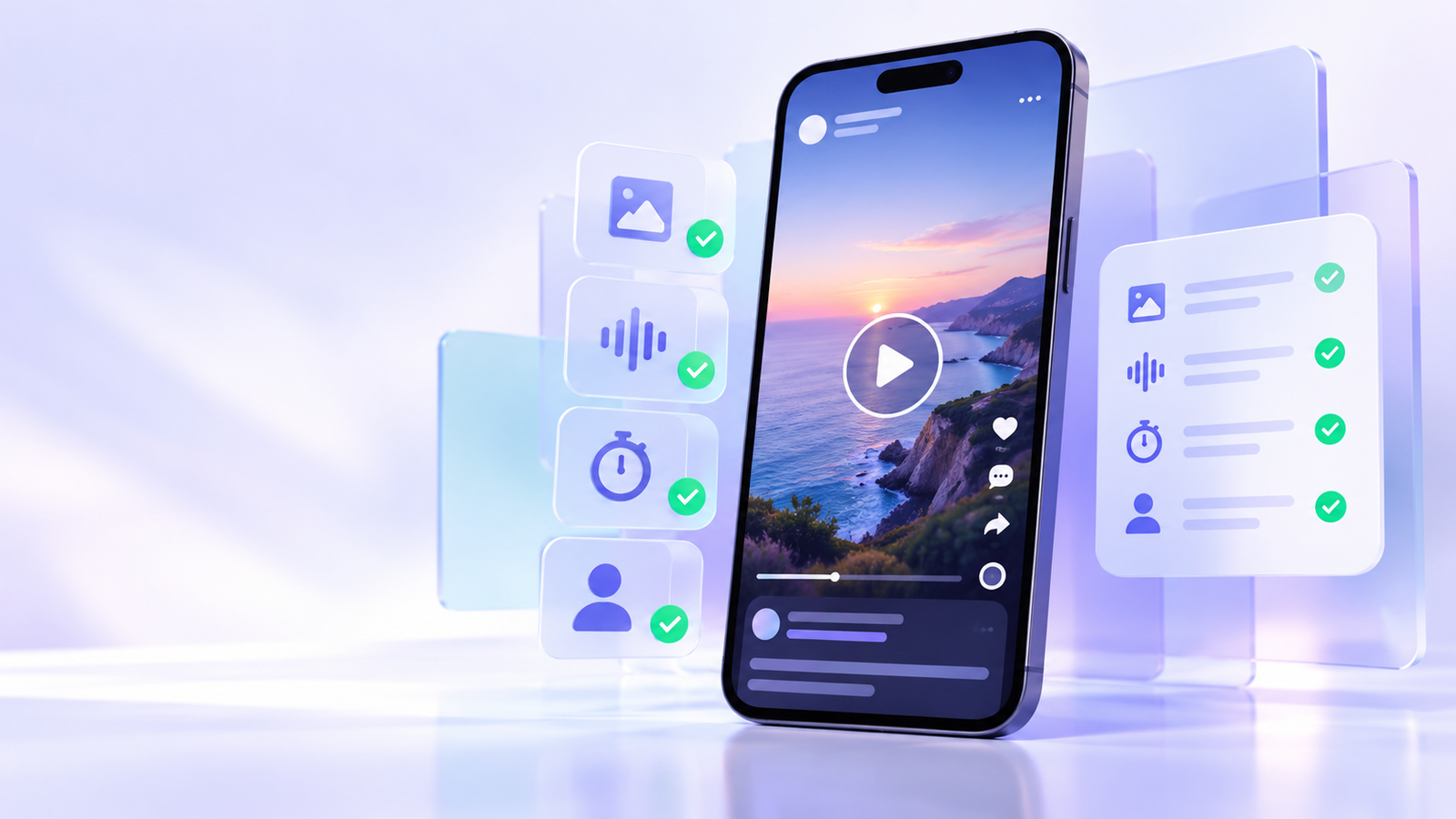 Phone screen and checklist used to review picture, audio, duration and creator context for a public Facebook Reel
