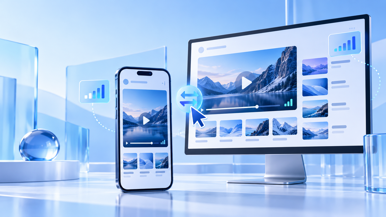 Phone and desktop monitor used to compare playback quality of a public YouTube video